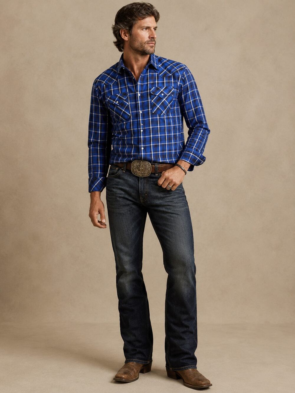 Blue Plaid Pearl Snap Western Shirt Cowboy Ranchwear Large